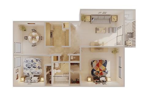 Floor plan for 2 beds, 1 bath, 1073 sqft